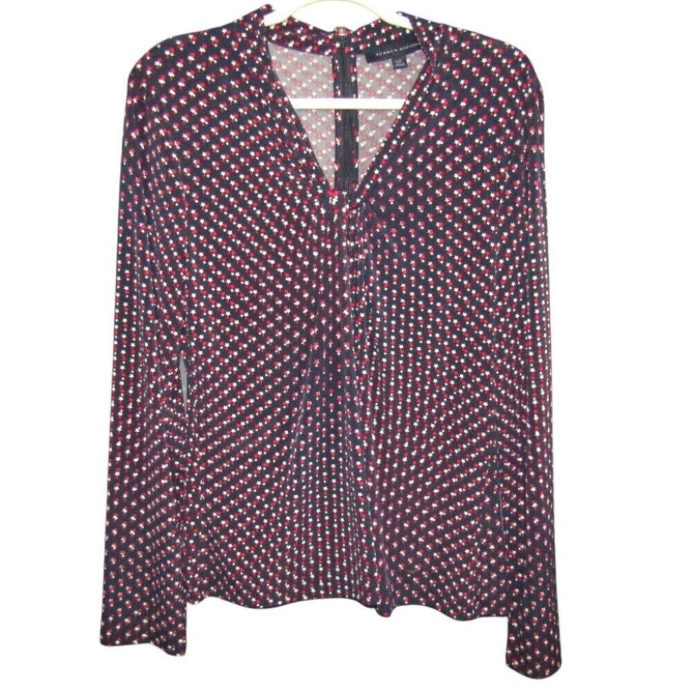 Tommy Hilfiger Navy Blue White Red Star Top Womens Size L Twist Front Zip Back